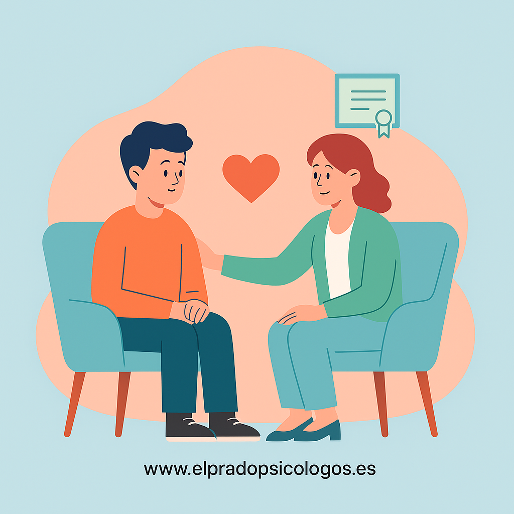 El vínculo psicólogo-paciente Ilustración de psicóloga y paciente sentados, con un corazón entre ambos, que simboliza el vínculo terapéutico humano que la IA no puede sustituir.